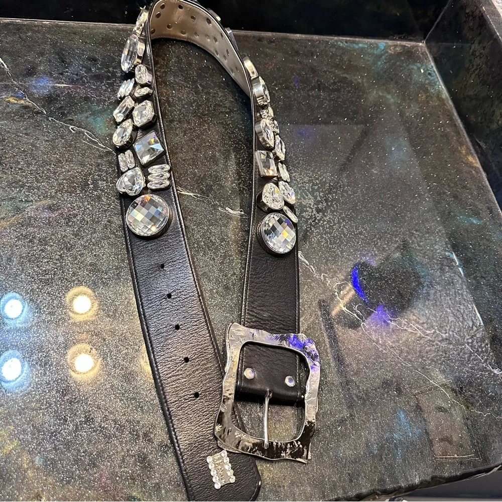 BB Simon Swarovski Crystal Y2K Elegant Black Leather and Silver Embellished Belt